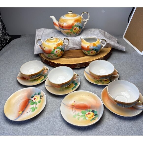 Japanese Hand-Painted Tea Set Floral Pattern - Teapot Creamer Sugar Bowl Cups & - Picture 1 of 16